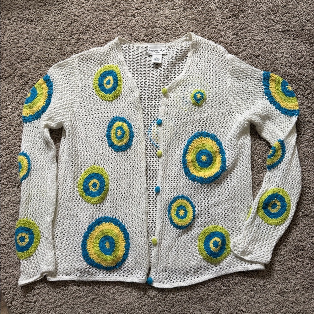 breckenridge White Open-Weave Cardigan with Blue and Lime Crochet Circles
